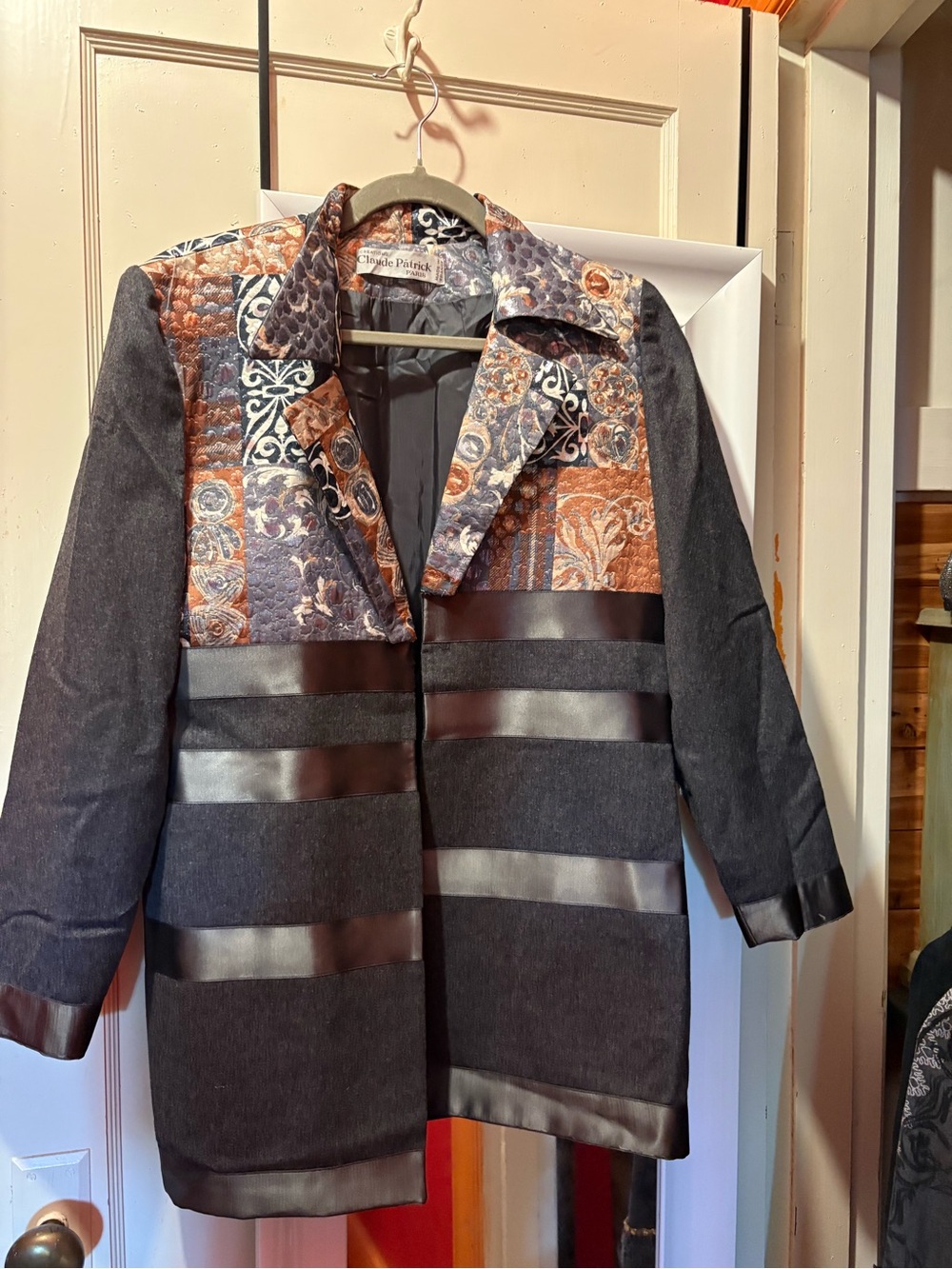 Vintage Claude Patrick Paris gray oversize patchwork tapestry long jacket art - Picture 5 of 8